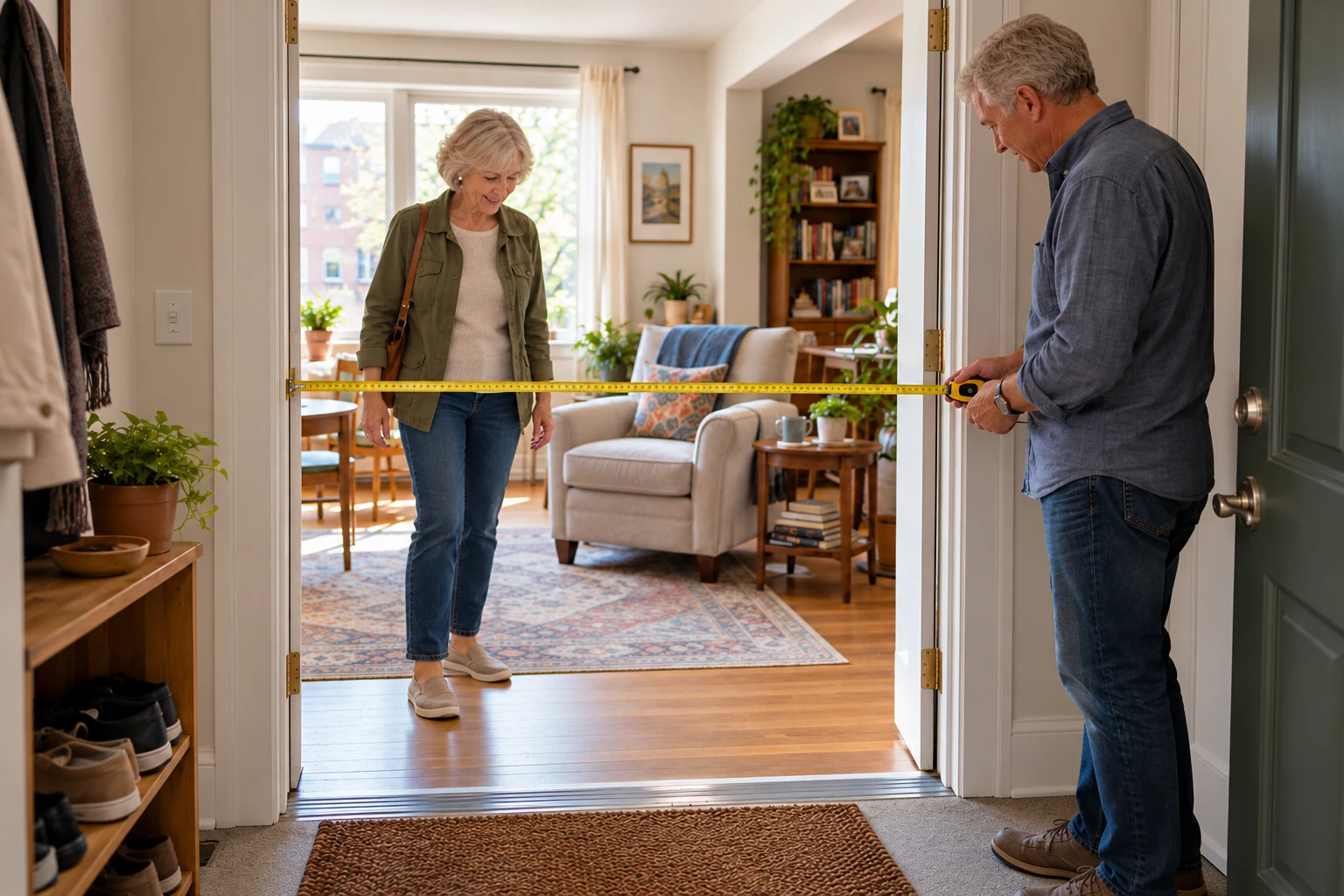Checking a doorway for the next stage of home life An older man holds a tape measure across a doorway while an older woman stands in the room beyond.