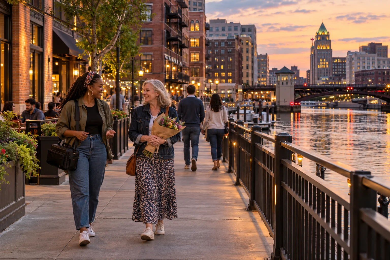 Making room for an evening on Milwaukee’s Riverwalk Two women with shoulder bags talk beside the Milwaukee River, with lit buildings and a bridge beyond them.