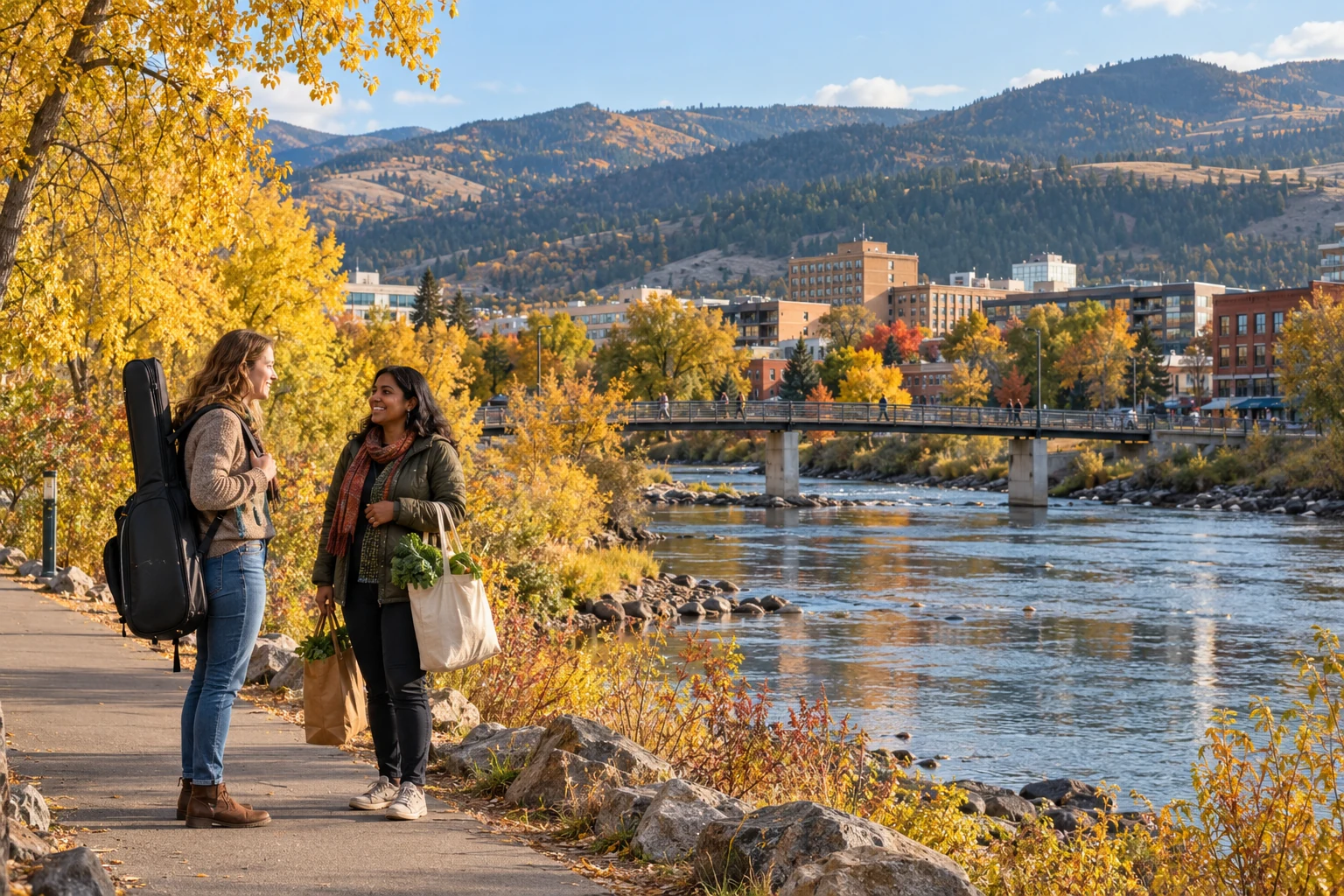 Fitting two livelihoods around Missoula’s river setting Two adults carrying an instrument case and a canvas bag talk beside the Clark Fork River in autumn.
