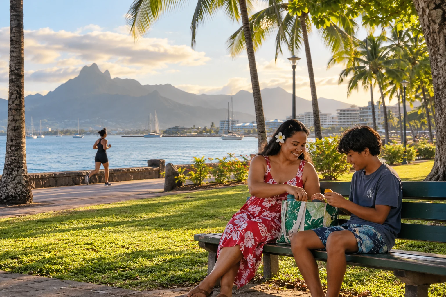 An ordinary waterfront pause around Papeete An adult and a teenager open a picnic bag on a park bench beside Papeete’s palm-lined waterfront.