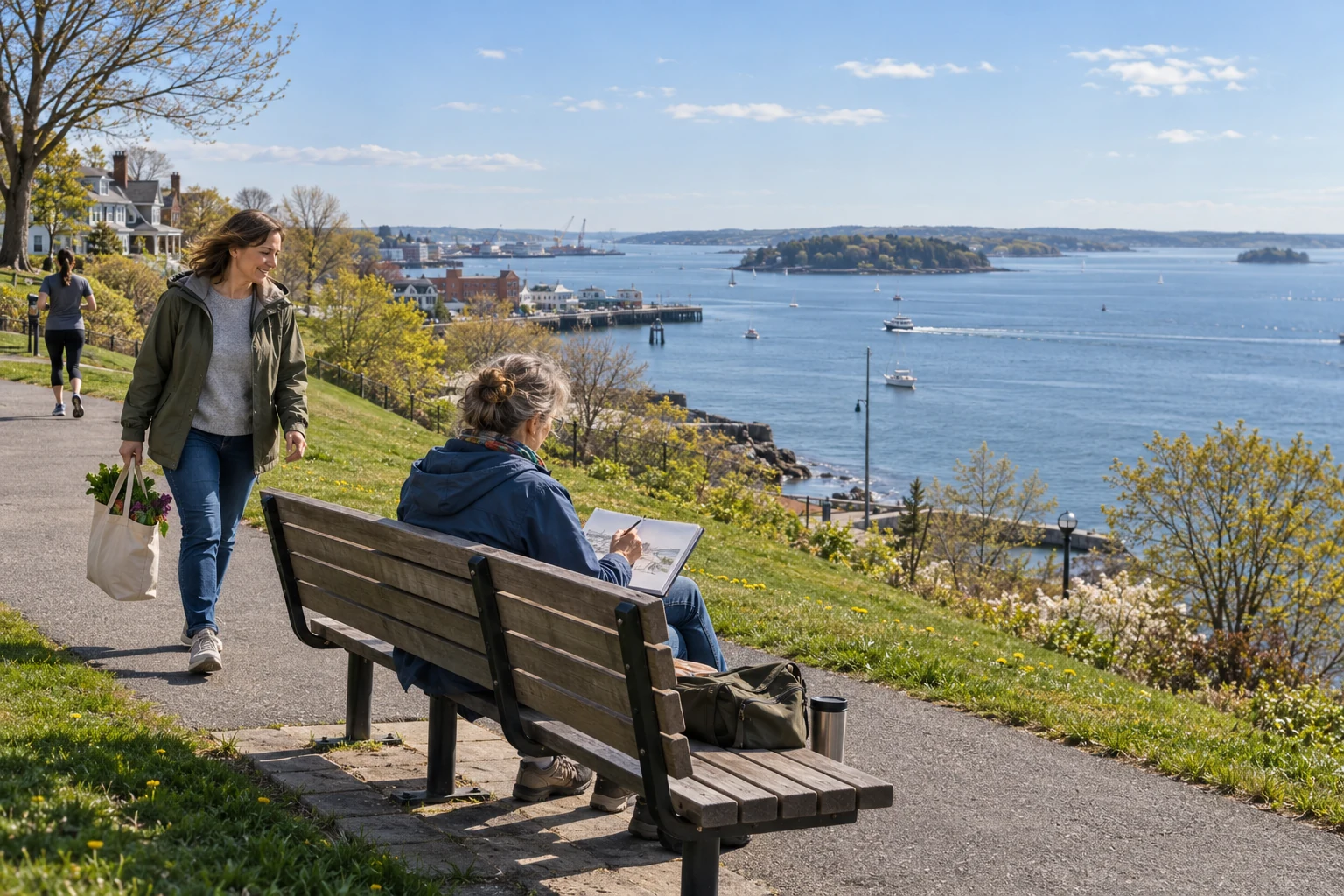 An everyday pause above Casco Bay in Portland, Maine An adult with a canvas bag approaches a person sketching on a bench above Portland’s bay and islands.