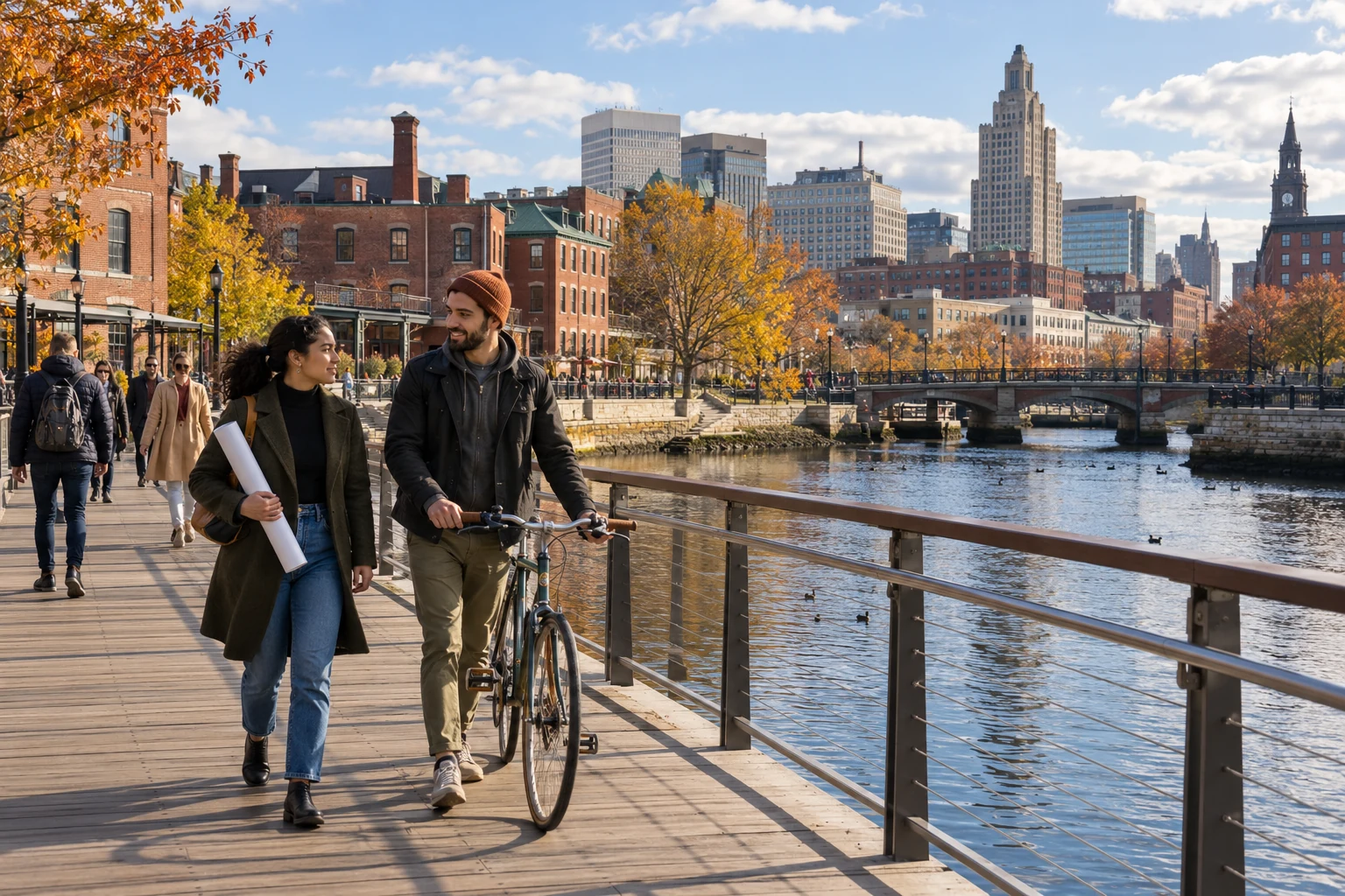 Walking beside the Providence River between commitments Two adults walk beside the Providence River, one carrying a paper roll and the other pushing a bicycle.