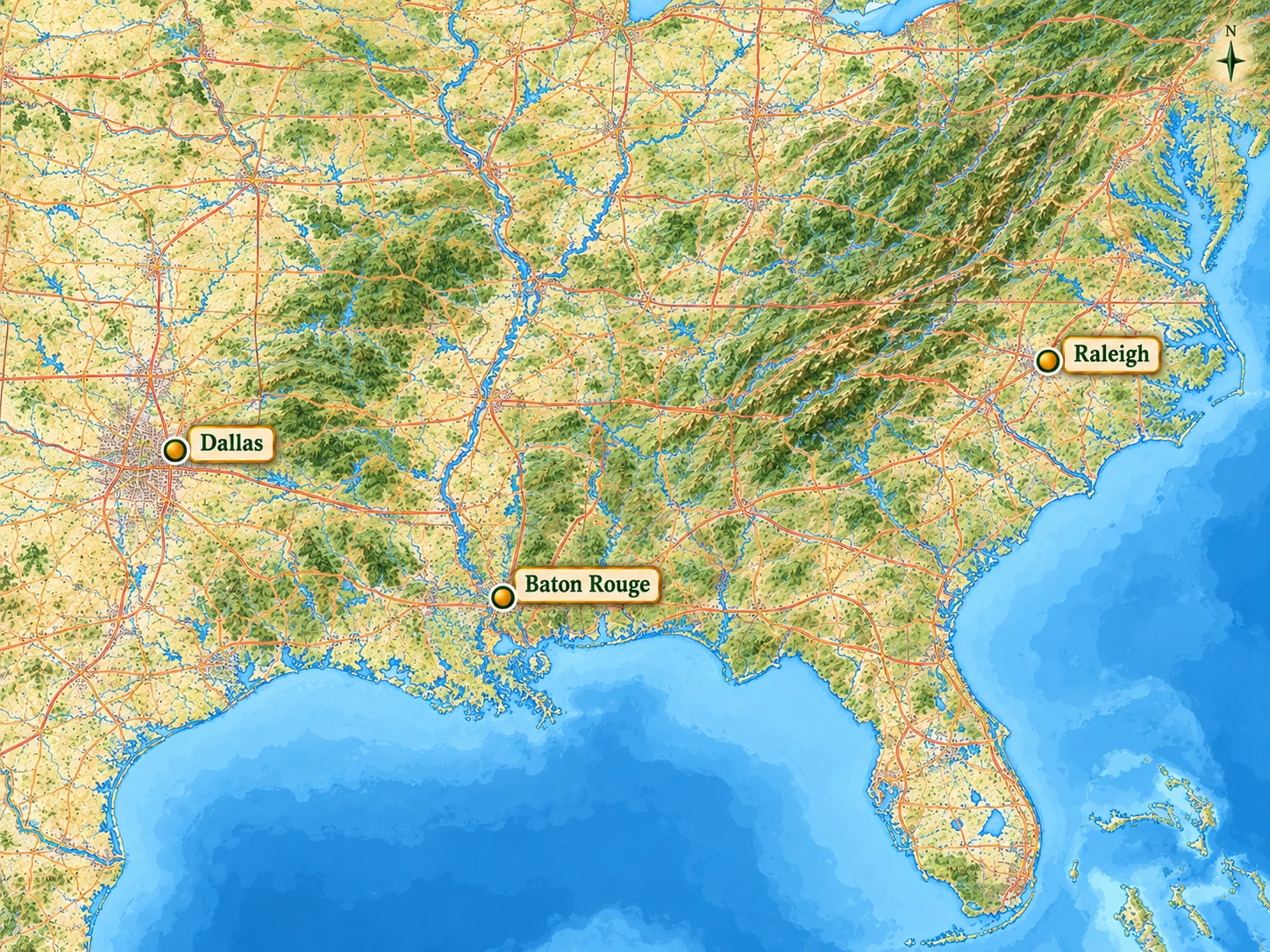 Raleigh, Dallas and Baton Rouge in their southern settings A relief atlas highlights Dallas in Texas, Baton Rouge on the lower Mississippi and Raleigh east of the Appalachians.