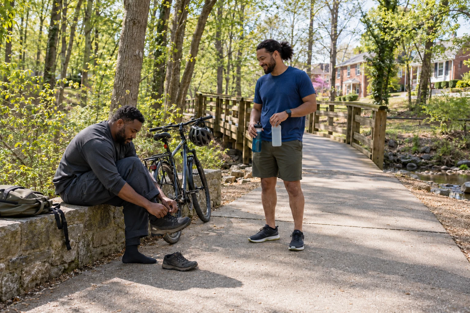 An after-work pause beside a Raleigh greenway A seated man ties a sneaker beside a bicycle while a friend waits with water bottles on a tree-lined path.