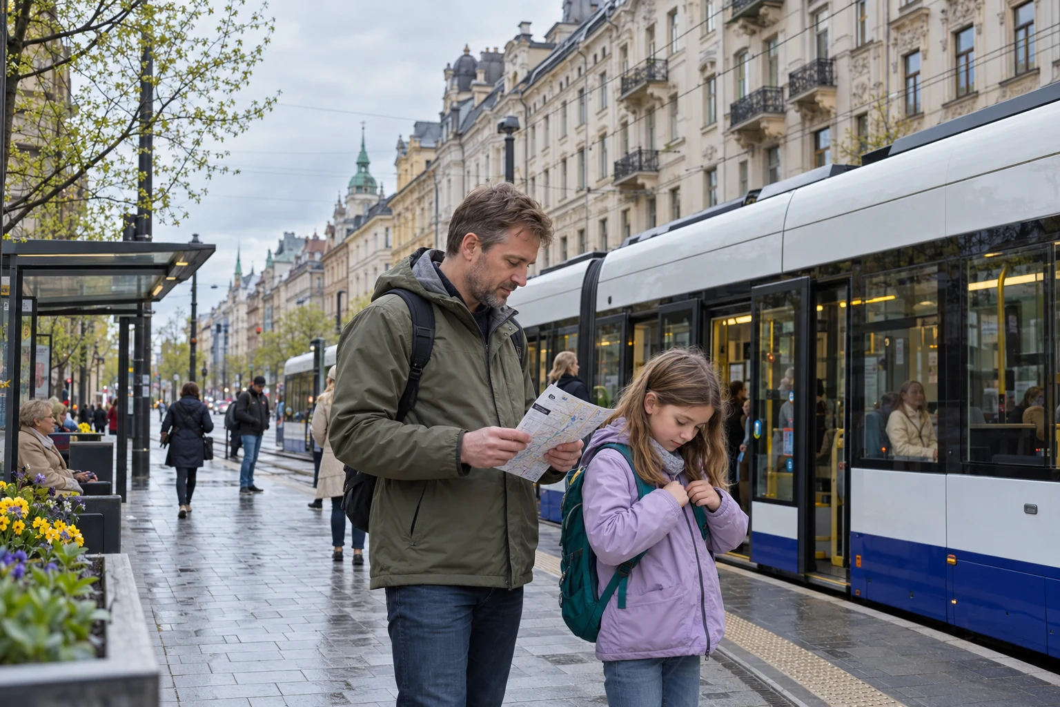 Finding the daily route beside a Riga tram A man studies a folded map while a girl adjusts her backpack beside a tram on a Riga street.