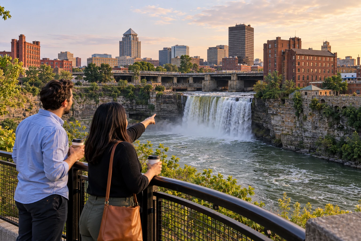 Pausing above Rochester’s Genesee River and High Falls Two adults look from a railing toward High Falls, the Genesee River gorge and Rochester’s skyline.