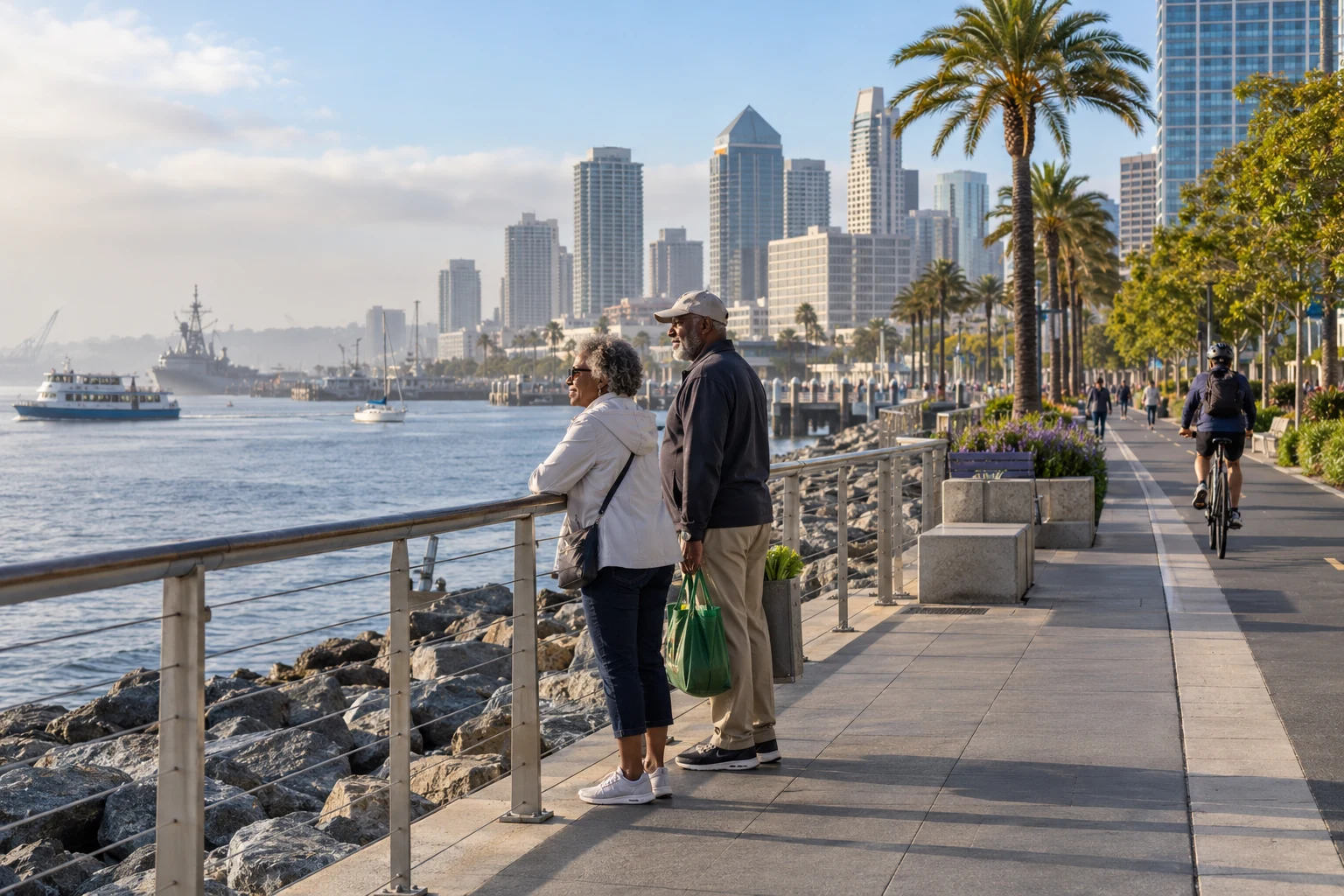 An unhurried outing beside San Diego Bay Two older adults pause at a San Diego Bay railing with a canvas bag, with ships, palms and city buildings beyond.