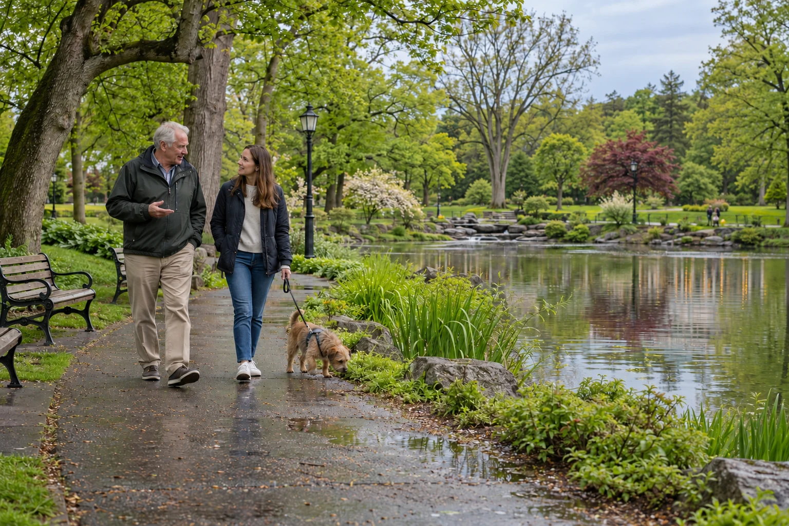 Making a Saratoga Springs park walk part of the week Two adults walk a small dog along a leafy path beside a pond, flowering shrubs and park benches.