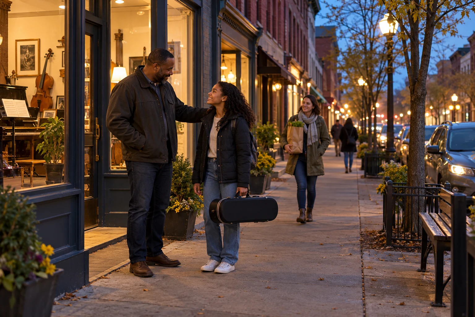 An evening meeting outside Schenectady storefronts A man and a young person carrying an instrument case meet outside warmly lit storefronts on a Schenectady-style street.