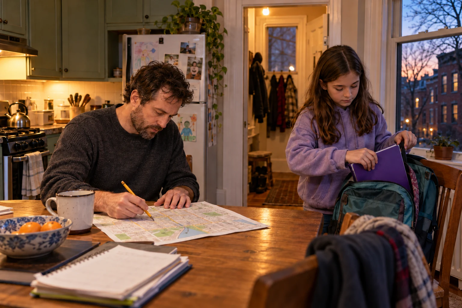 Fitting the school journey into the household day A man marks a paper map at a kitchen table while a girl puts a folder into her backpack beside him.