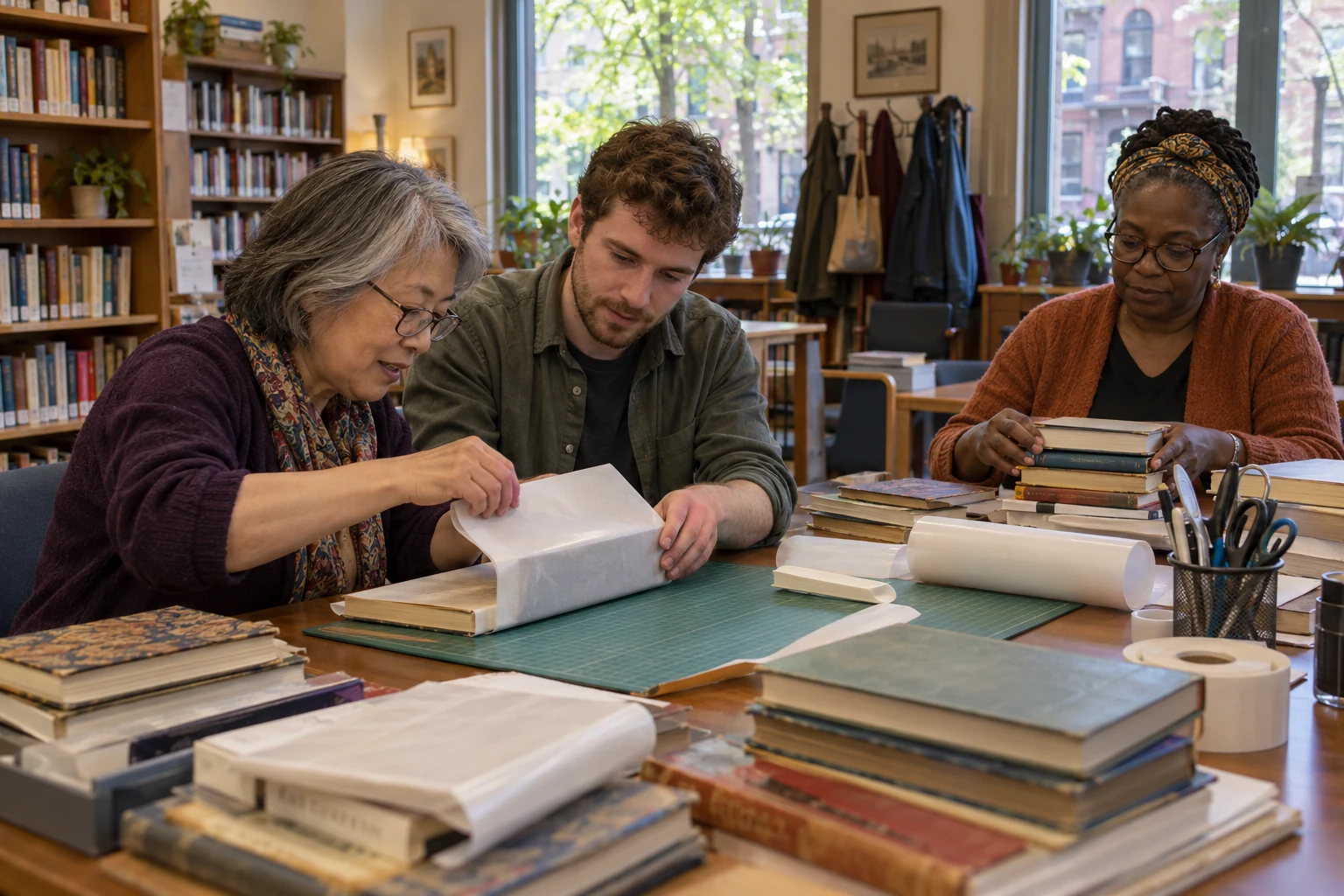 Building connections through a shared practical task Three adults cover and sort books together at a table with paper rolls, scissors and stacks of volumes.