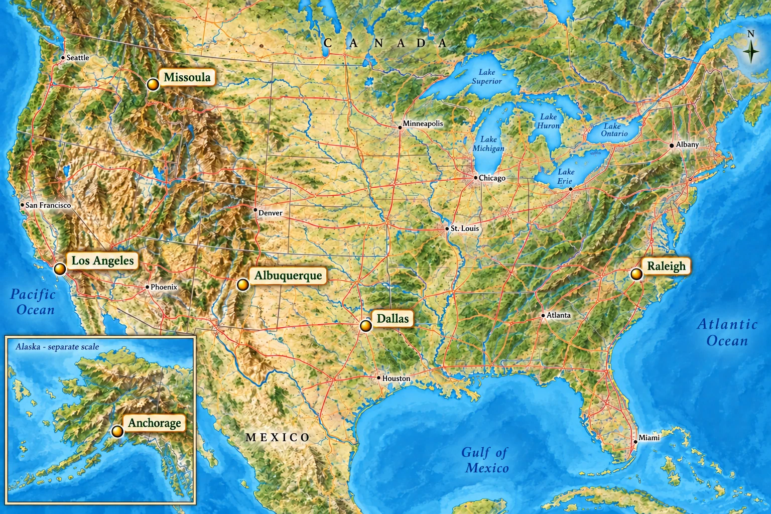 Six US examples across the wider search from Albany A US relief atlas highlights Raleigh, Dallas, Albuquerque, Missoula and Los Angeles, with Anchorage in a separate Alaska inset.