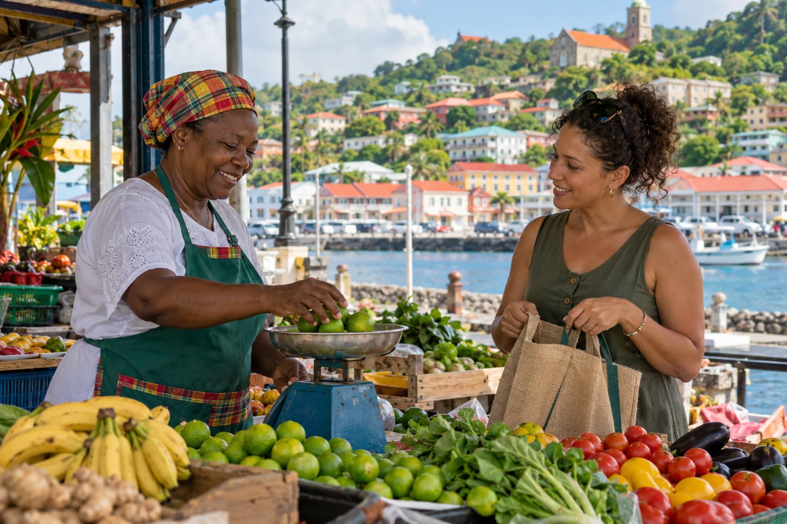 Making an ordinary market errand near St George’s A vendor weighs green limes while a customer opens a shopping bag at a market overlooking Grenada’s colorful harbor town.