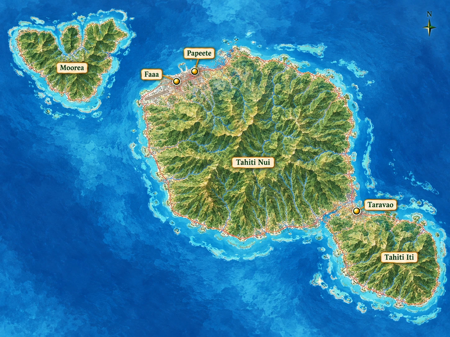 Papeete, Faaa and Taravao around Tahiti’s terrain A Tahiti and Moorea relief atlas highlights Papeete and Faaa on Tahiti’s northwest coast and Taravao at the isthmus.