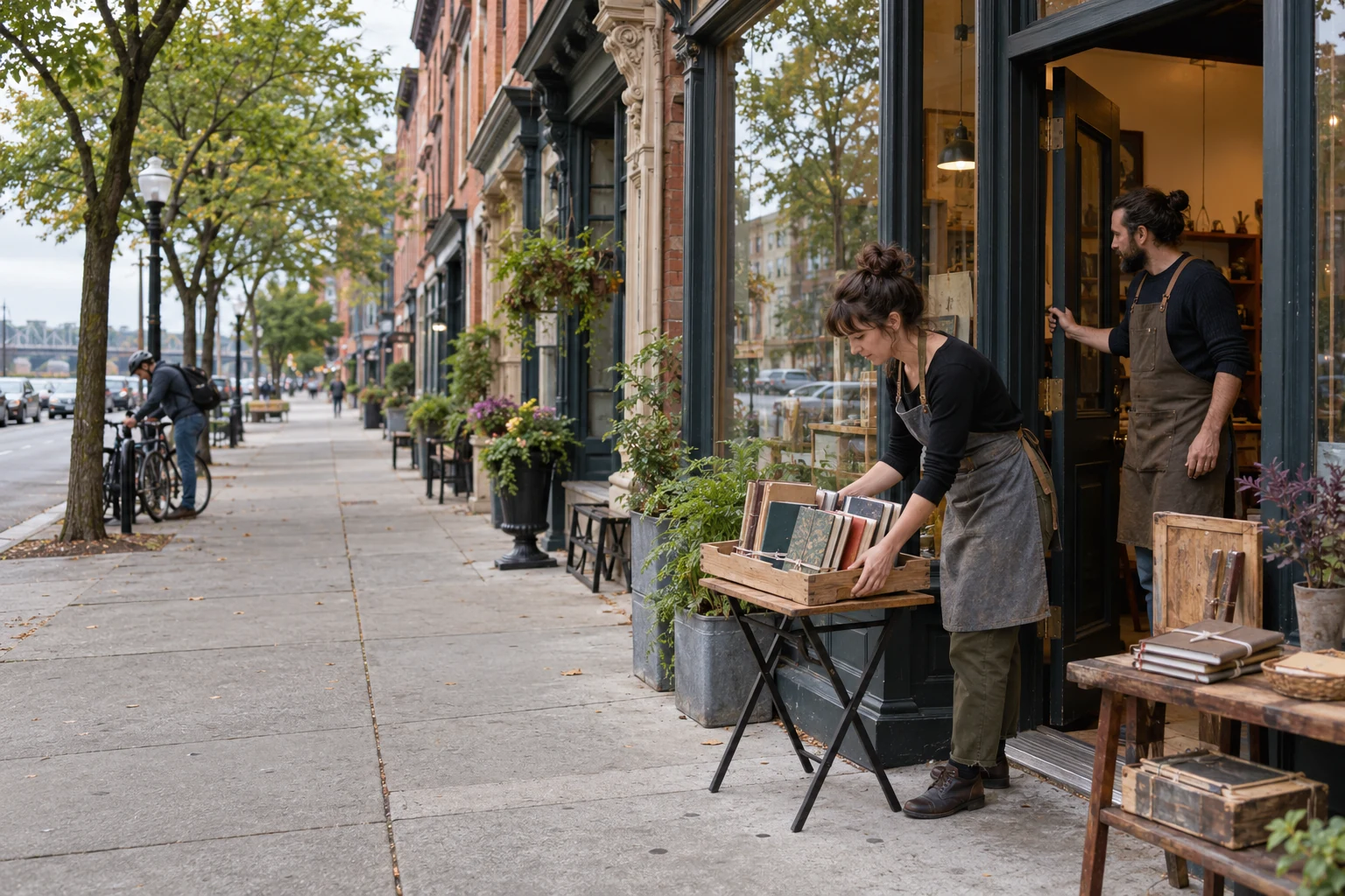 Setting out books beside a Troy riverfront workshop A woman arranges books on a folding table outside a brick storefront while a man stands in the open doorway.