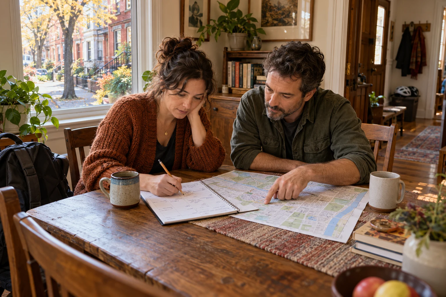 Planning which parts of an Albany week to keep Two adults compare a paper planner and a street map at a wooden dining table beside an autumn window.