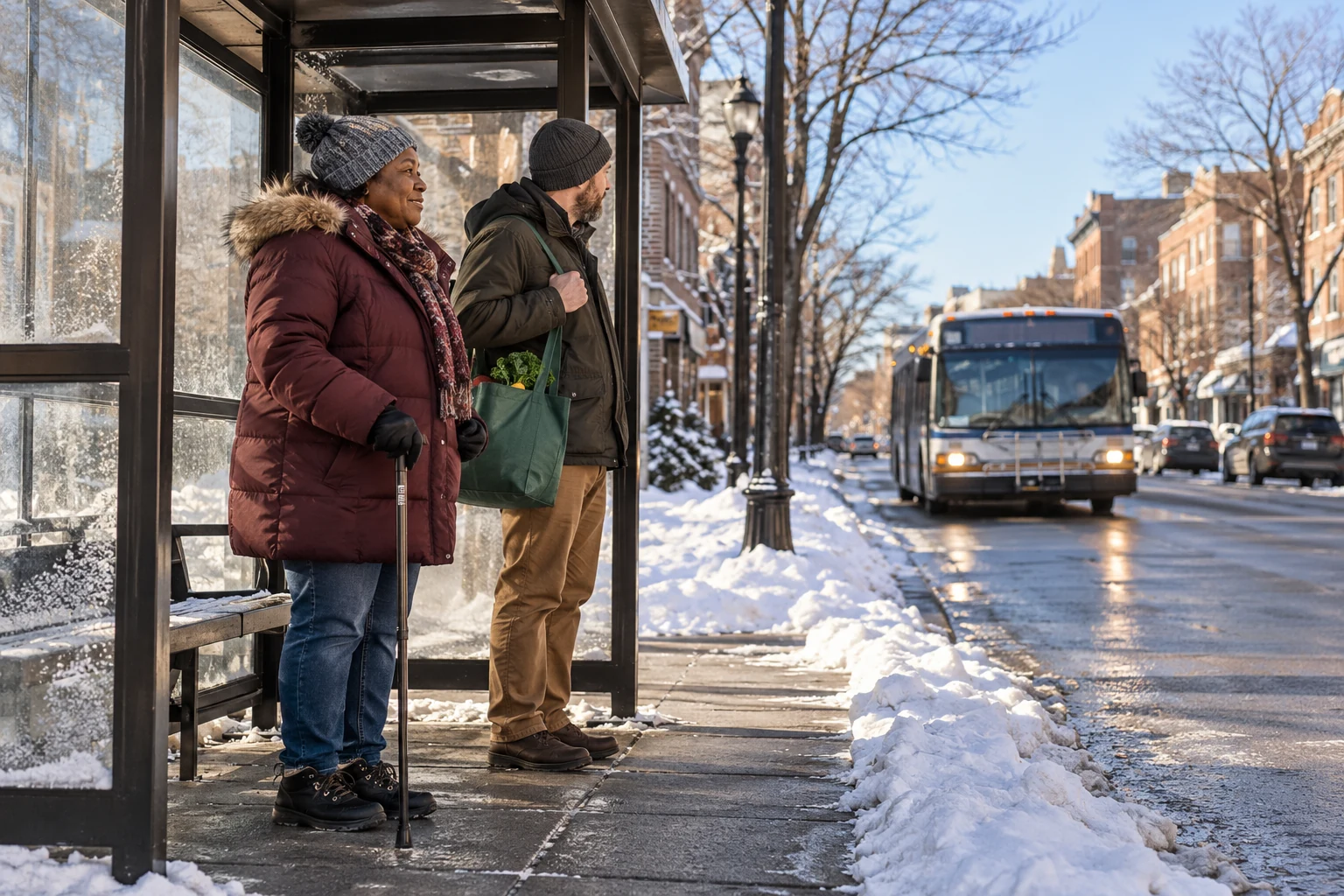 Including the winter approach in a daily-route comparison Two bundled adults, one using a cane, wait by a bus shelter on a cleared pavement as a bus approaches.