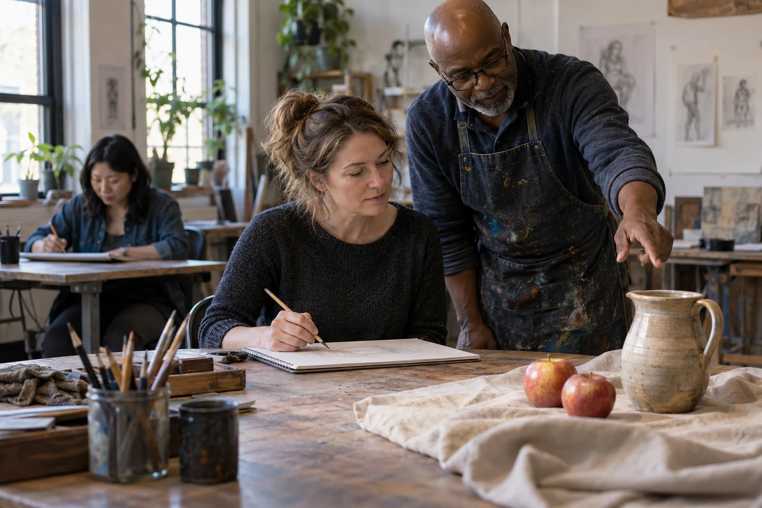 A new skill inside an ordinary week A seated adult draws a jug and apples while an instructor points toward the still life and another student works behind them.