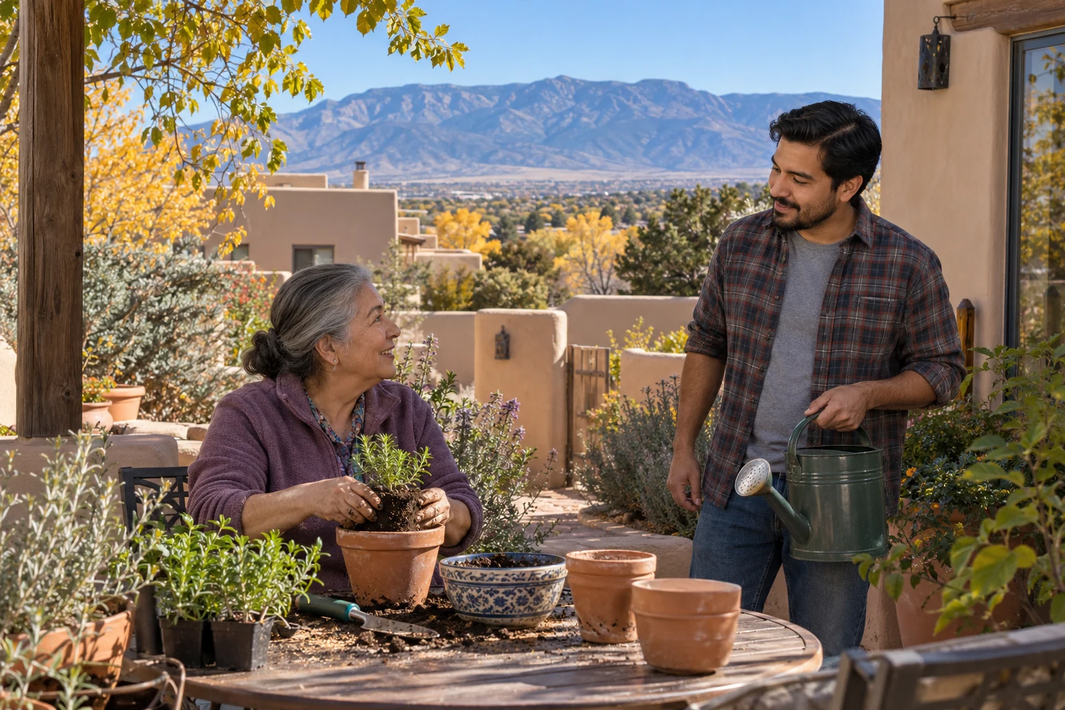 A shared dry-country morning in Albuquerque An older adult lowers a herb plant into a pot while another holds a watering can in an adobe-style courtyard with mountains beyond.