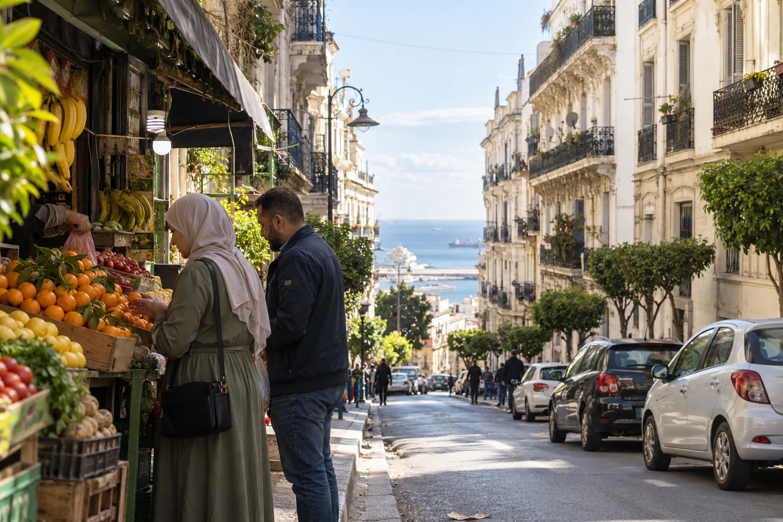An errand on an Algiers hillside street Two adults choose fruit at a small shop on a steep street lined with balconies, parked cars and a distant harbor view.