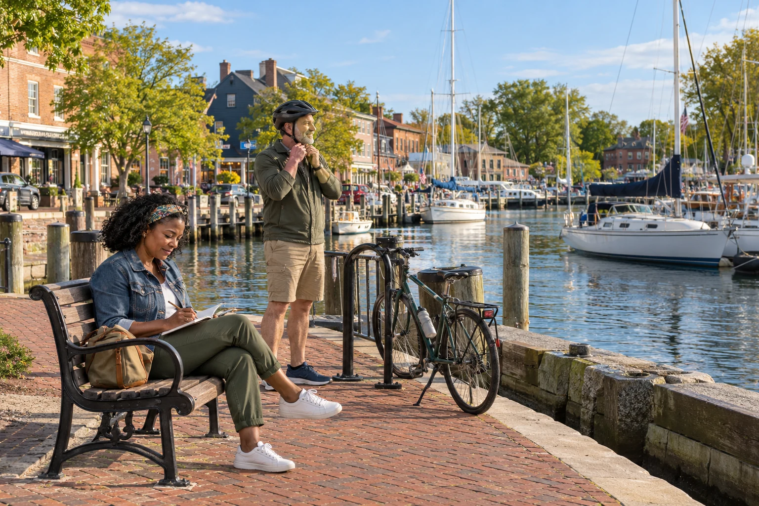 An ordinary evening beside Annapolis harbor A woman sketches on a harbor bench while another adult fastens a cycle helmet beside a parked bicycle.