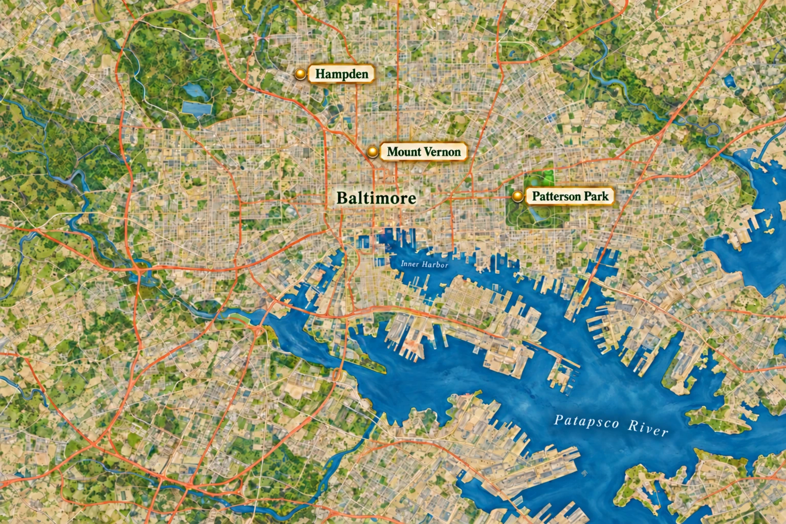 The Baltimore life you begin with Detailed Baltimore atlas marking Hampden, Mount Vernon and Patterson Park around the city grid, Inner Harbor and Patapsco River.