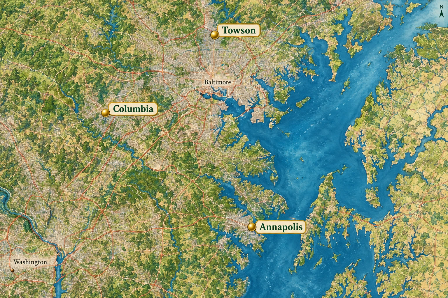 Three nearby beginnings around Baltimore Atlas marking Towson north of Baltimore, Columbia inland to the southwest and Annapolis beside the western Chesapeake shore.