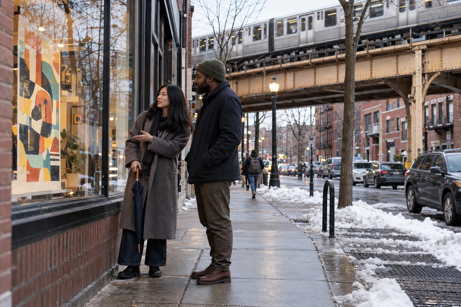 A neighborhood window in a Chicago winter Two adults look at an abstract print in a shop window beneath an elevated train, with old snow beside the cleared pavement.