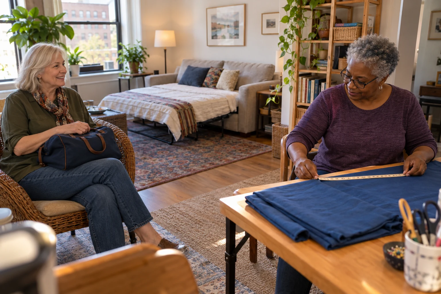 Keep room for the activity you value A woman measures blue fabric at a table while a seated visitor holds a bag, with an opened sofa bed behind them.