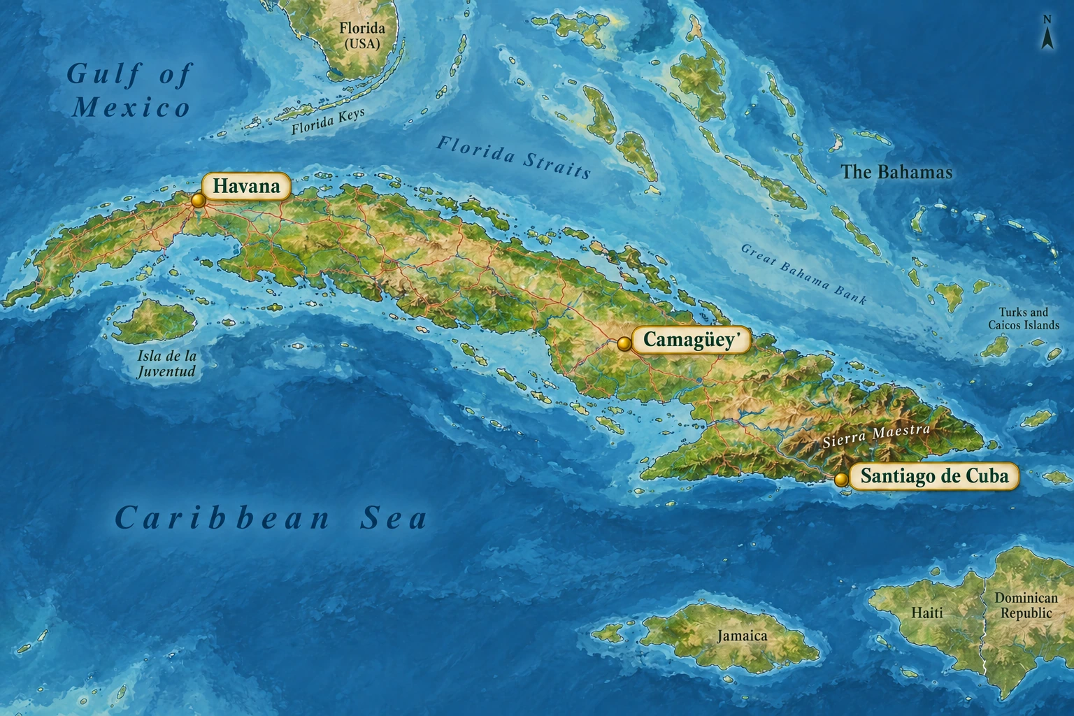Havana and two other Cuban city horizons Relief atlas of Cuba marking Havana on the northwestern coast, Camagüey inland and Santiago de Cuba on the southeastern coast.