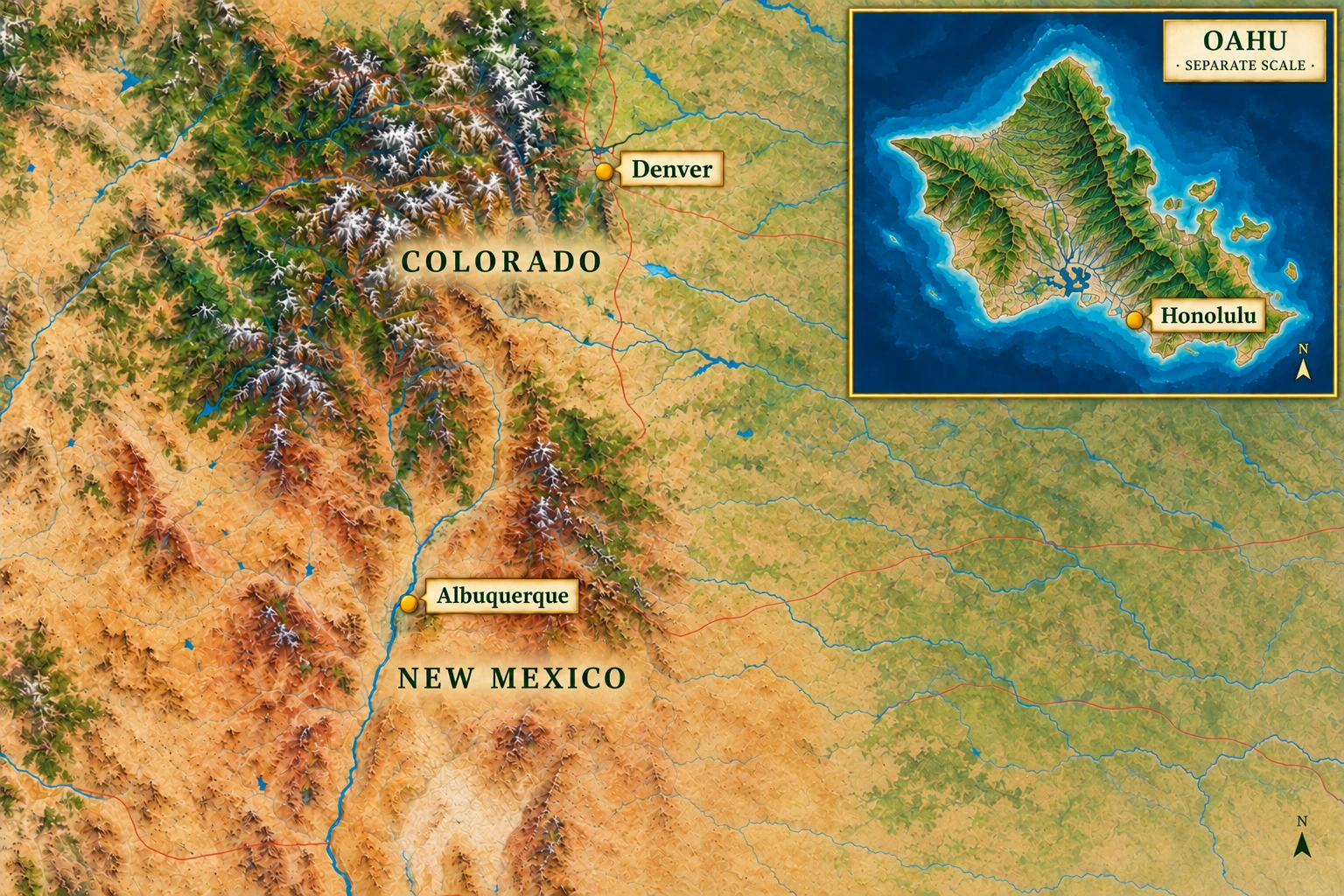 Two mainland landscapes and a separate island chapter Relief atlas marking Denver east of the Rockies and Albuquerque beside the Rio Grande, with Honolulu on a separate Oahu inset.