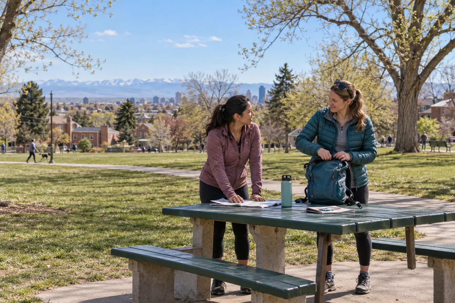 Putting the park inside a Denver working week Two adults compare papers and close a daypack at a park table, with a city skyline and distant mountains beyond.