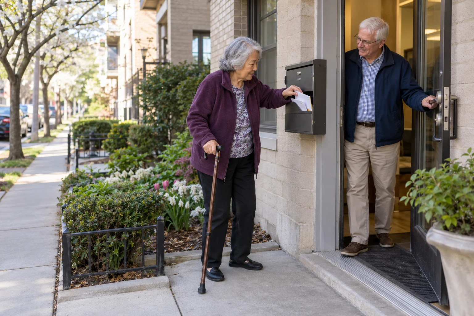 Follow the whole path beyond the front door An older adult handles letters at a wall mailbox while holding a walking cane, with another adult keeping the nearby entrance door open.