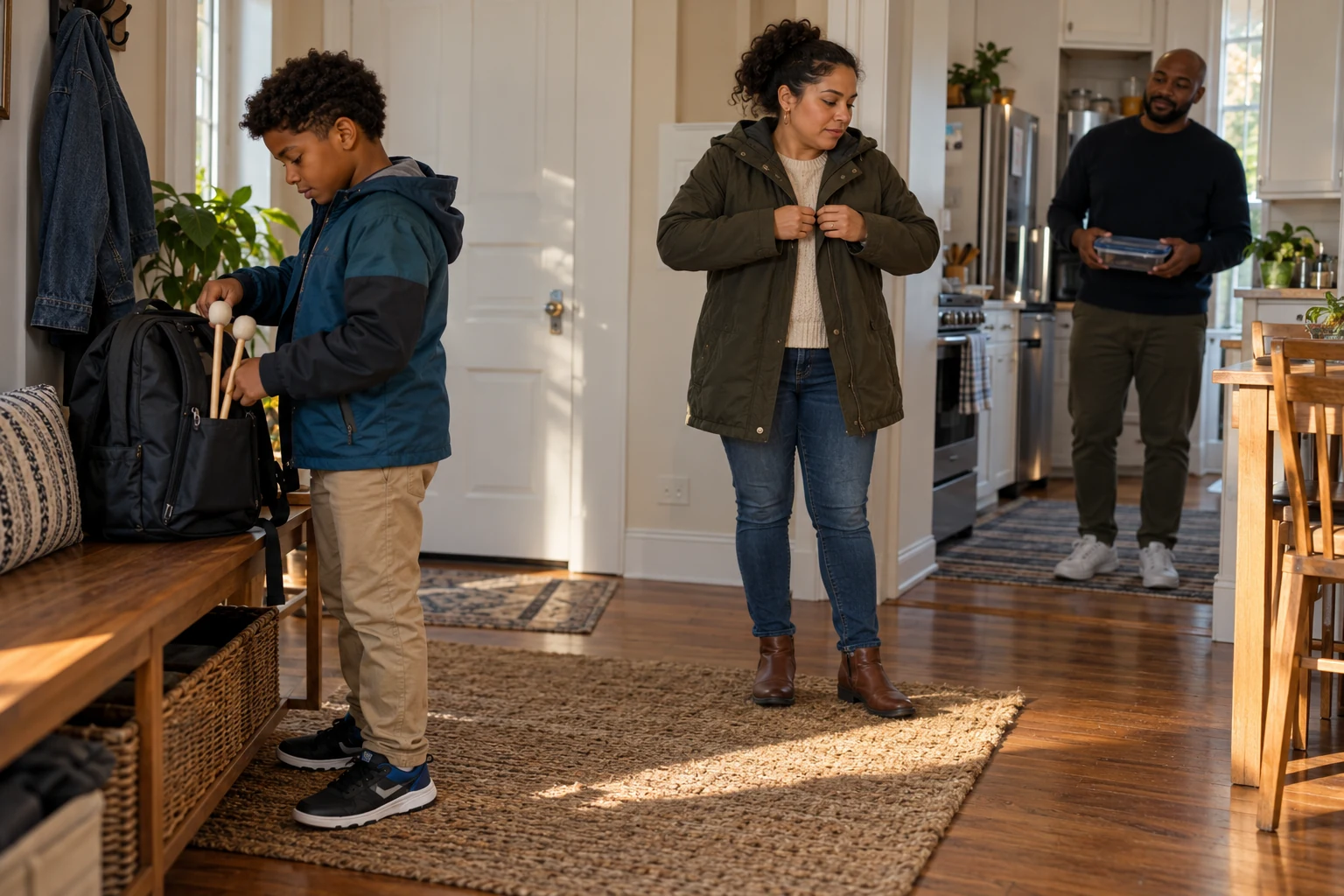 The handoff around a school day A child packs drum mallets into a backpack while two adults prepare a coat and lunch container in a home entry and kitchen.