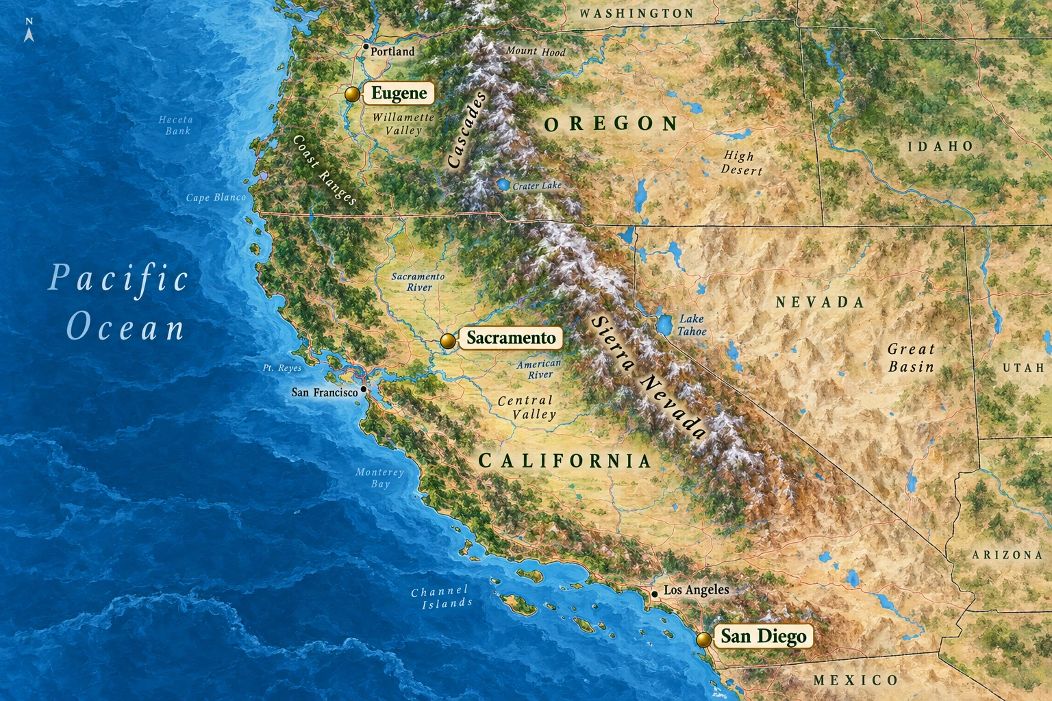 Three distinct Pacific-side home searches Relief atlas marking inland Eugene, Sacramento in the Central Valley and San Diego on the southern California coast.