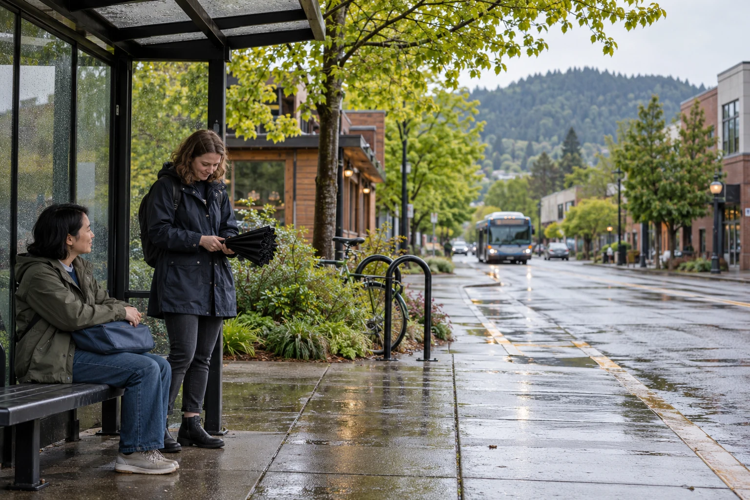 Keeping a wet-day alternative in Eugene Two adults wait at a bus shelter on a wet leafy street, one folding an umbrella, with a bicycle rack and distant bus nearby.