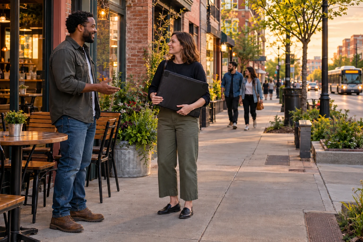 An evening conversation on a Fort Worth street Two adults talk beside a cafe, one holding a black portfolio, while a city bus passes in the background.