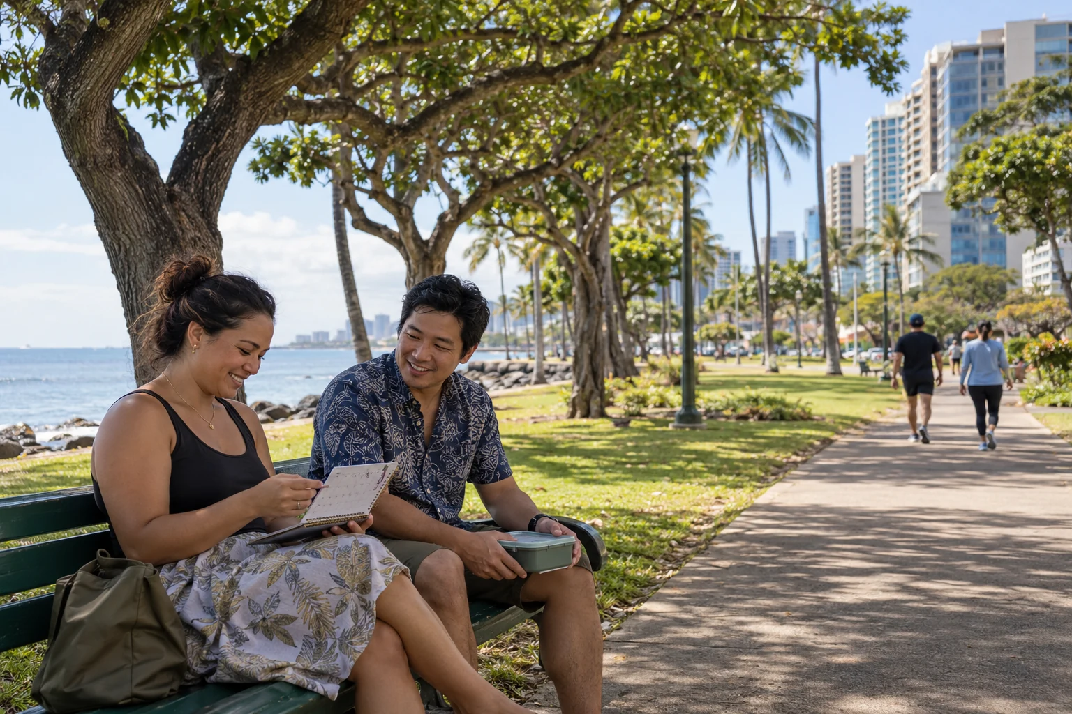 An ordinary park pause in Honolulu Two adults sit with a paper calendar and closed lunch container on a shaded bench beside the water, with urban buildings beyond.