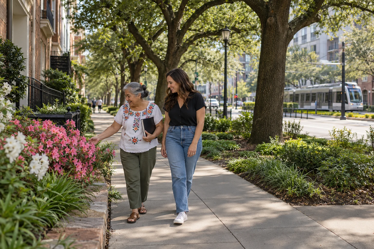 A shaded neighborhood pause in Houston Two adults stop beside flowering shrubs on a shaded sidewalk, with a rail vehicle and buildings farther along the street.