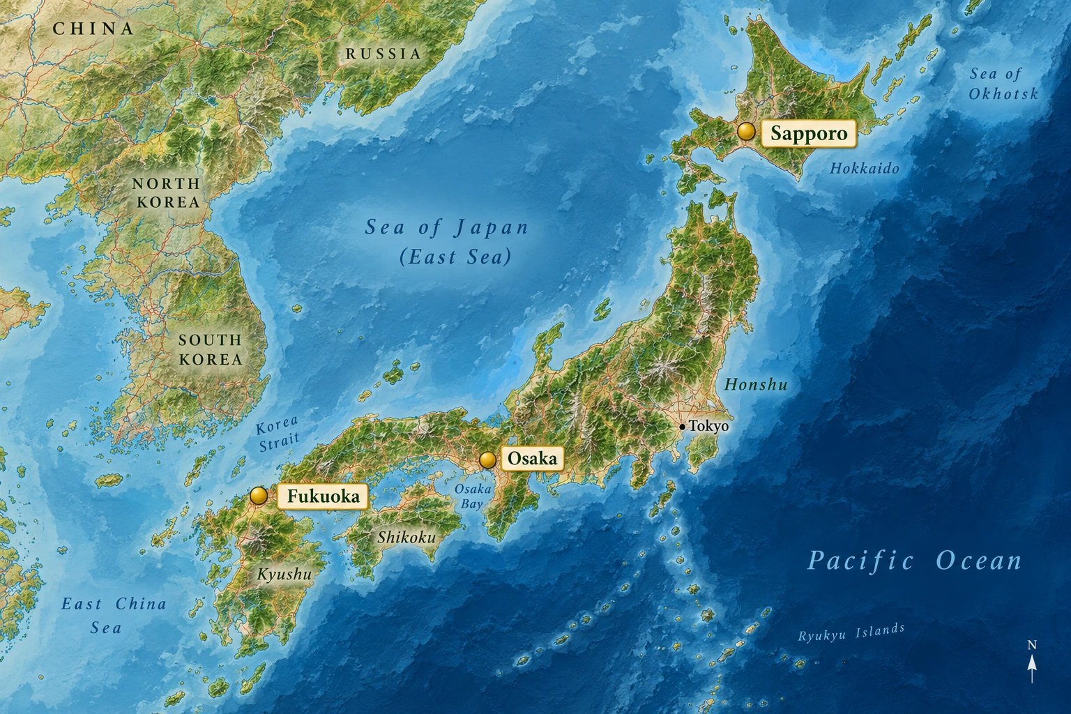 Fukuoka and two other Japanese city horizons Relief atlas of Japan marking Fukuoka on Kyushu, Osaka on Honshu and Sapporo on Hokkaido.