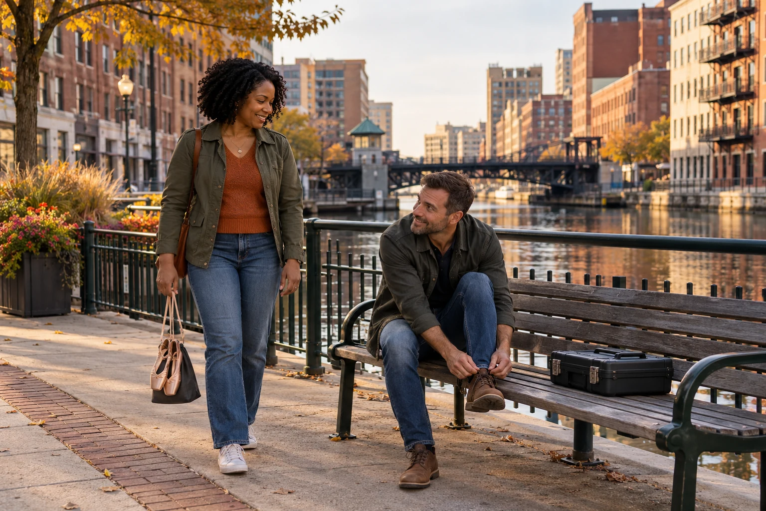Time for an interest after work in Milwaukee An adult ties a boot on a riverfront bench while another stands holding a pair of dance shoes, with brick buildings and a lift bridge beyond.