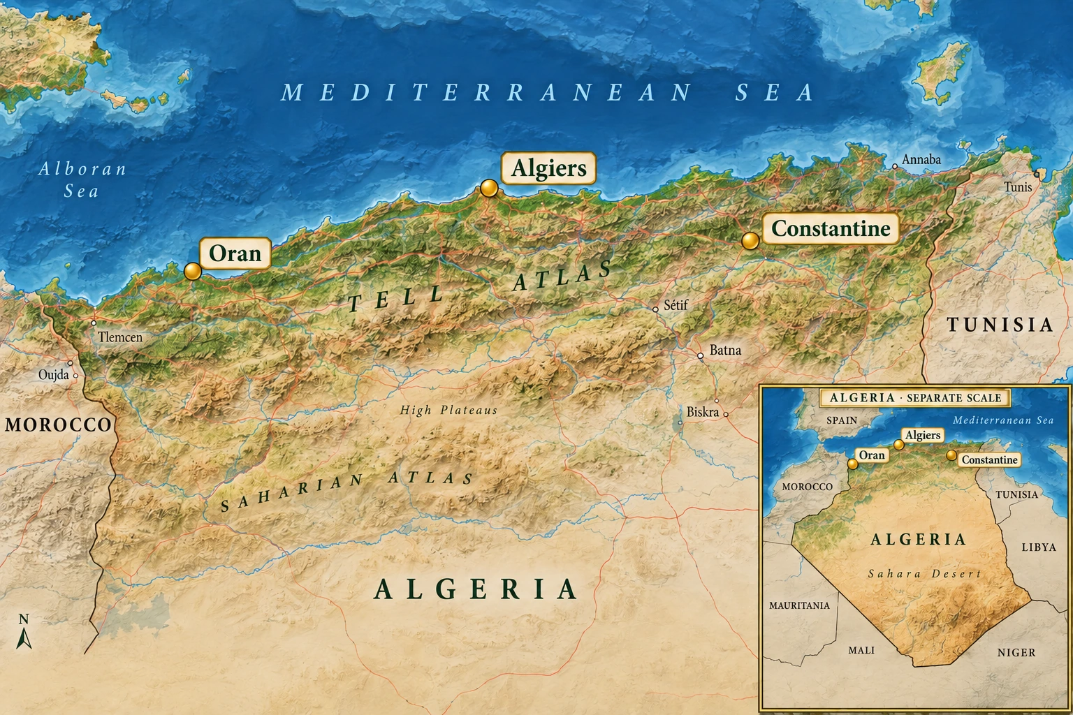 Algiers within northern Algeria Relief atlas of northern Algeria marking coastal Oran and Algiers and inland Constantine, with a separate whole-country inset.