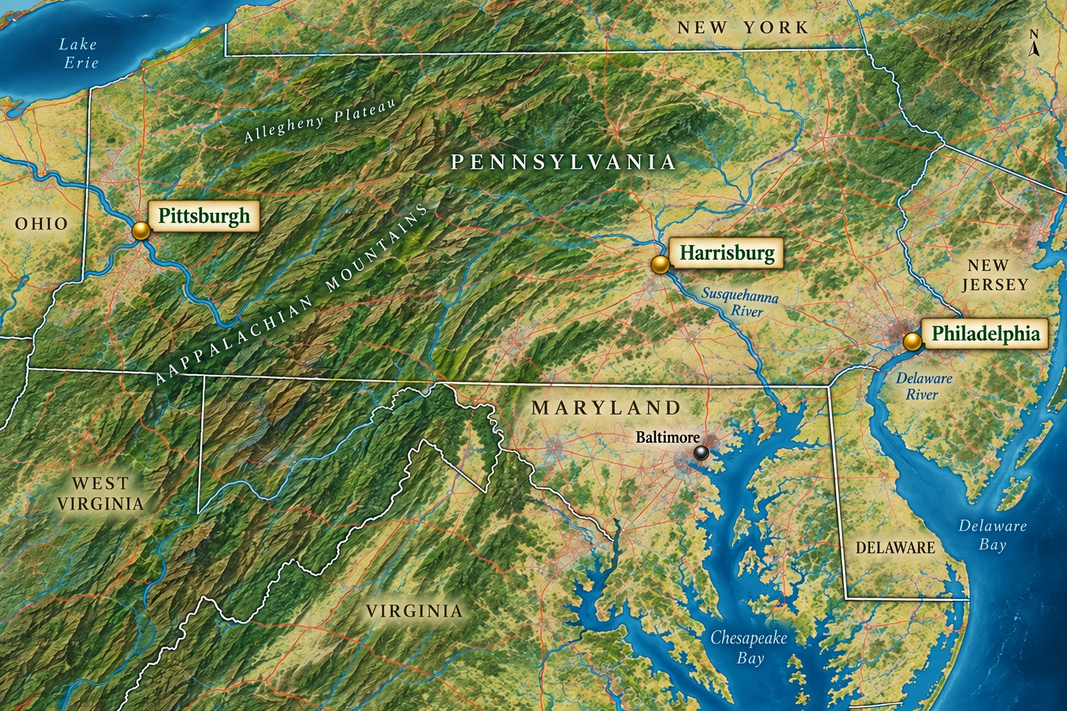 A wider regional working circle Relief atlas marking Pittsburgh at its river confluence, Harrisburg by the Susquehanna and Philadelphia by the Delaware, with Baltimore farther south.