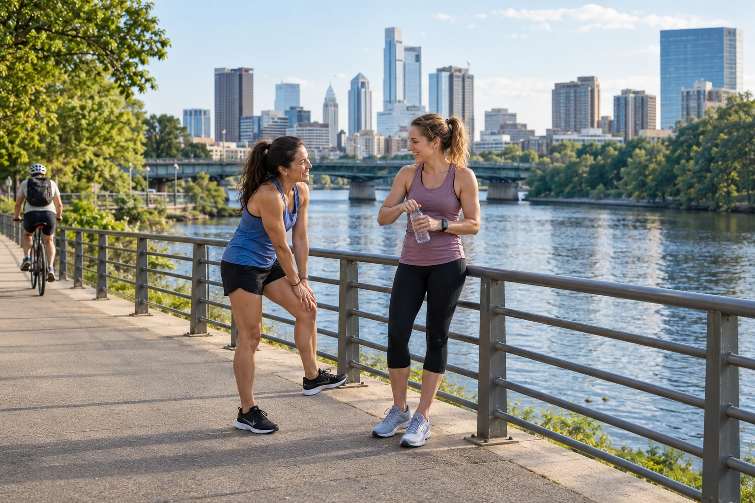 A pause after running by the Schuylkill Two runners pause beside a riverside railing, one leaning forward and the other opening a water bottle, with Philadelphia towers beyond.