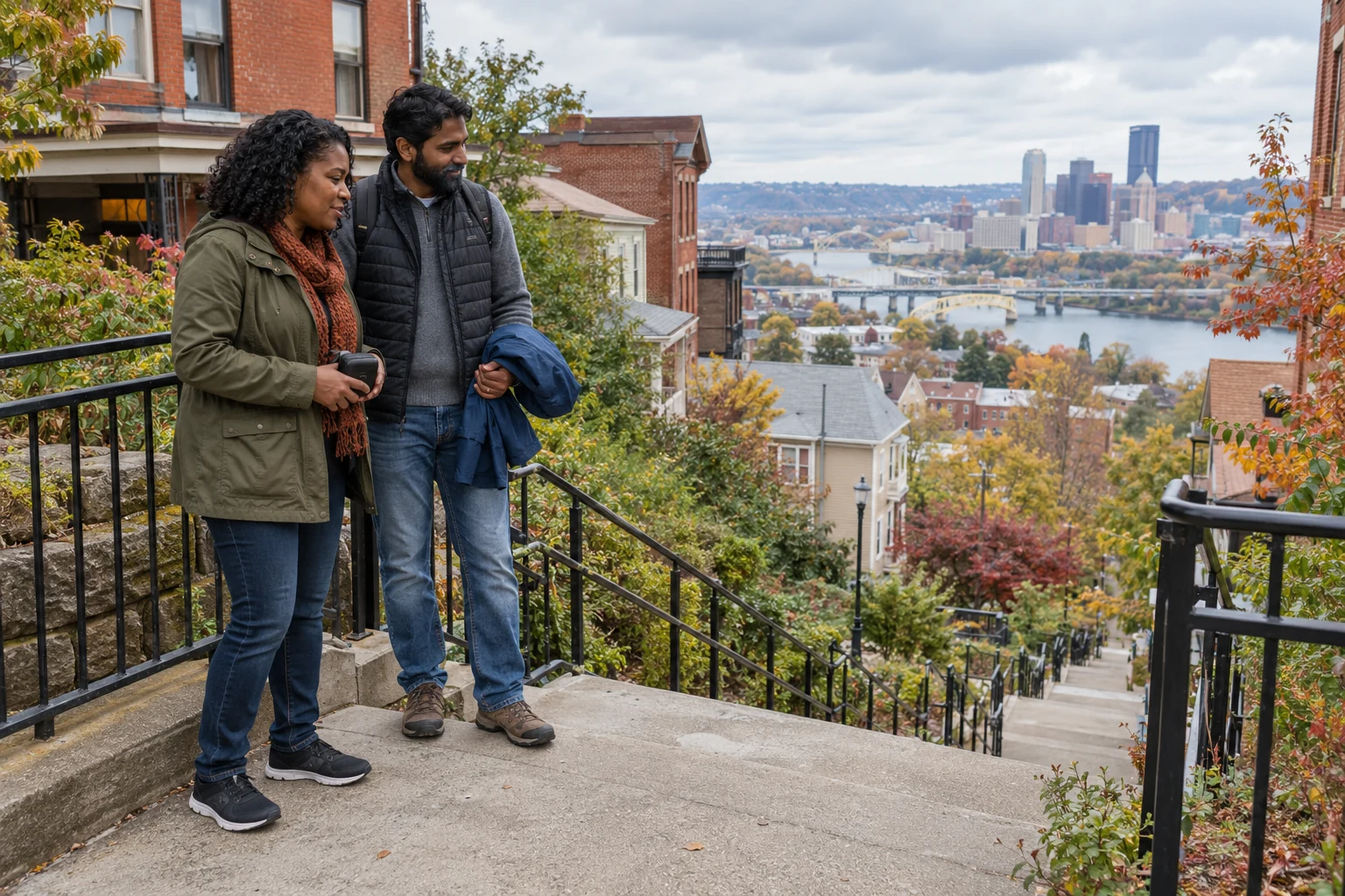 Trying the climb through a Pittsburgh neighborhood Two adults stand on a hillside stair landing above houses, a river and a distant Pittsburgh skyline.