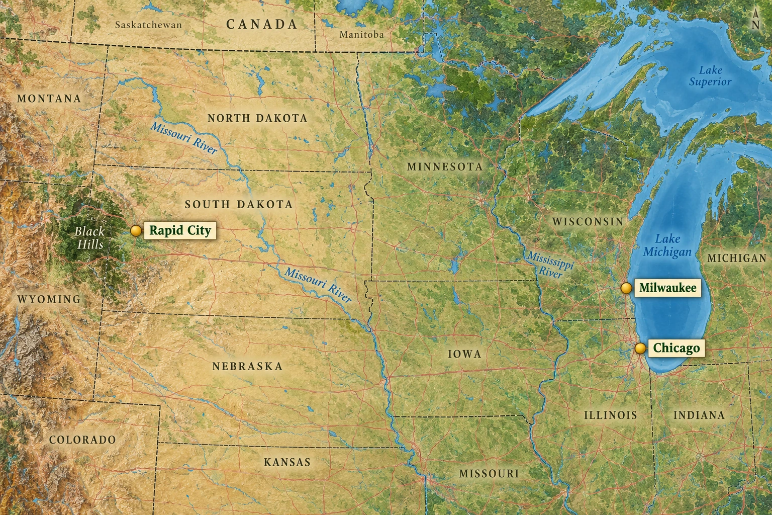 The Plains and the western Great Lakes Atlas marking Rapid City east of the Black Hills and Chicago and Milwaukee on the western side of Lake Michigan.