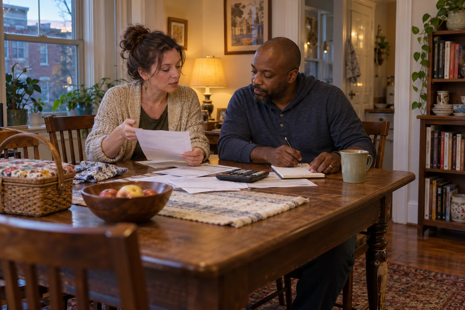 The month after the move Two adults compare papers and a calculator at a dining table, one reading a sheet while the other writes in a notebook.