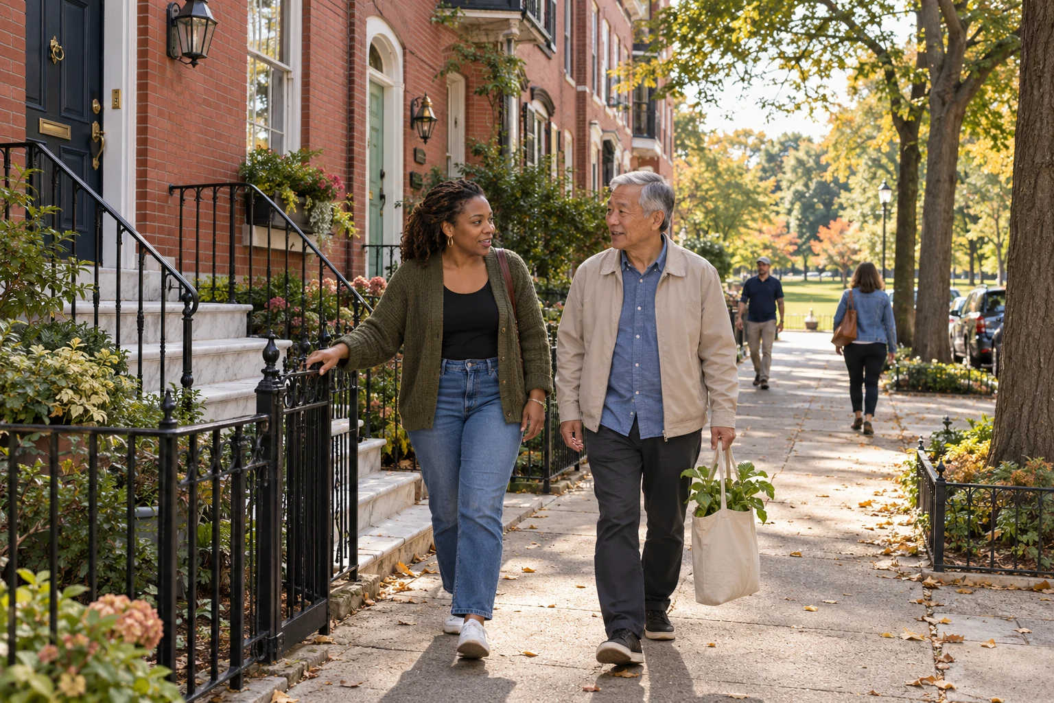 An autumn conversation on a Baltimore rowhouse block Two adults talk beside brick rowhouses and marble steps, one carrying a cloth bag with a leafy plant.