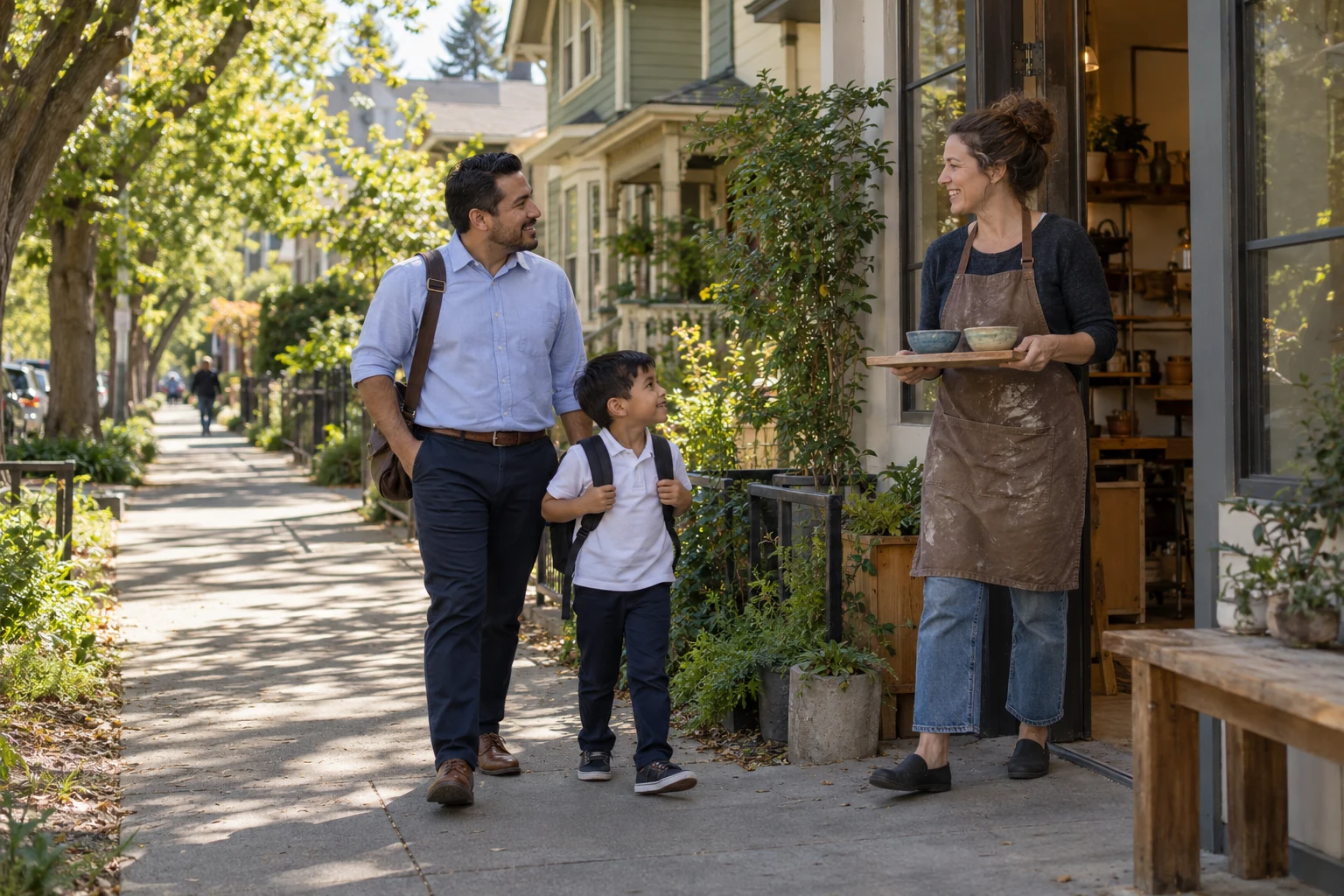 A working-week meeting in Sacramento An adult and child pause beside a doorway where another adult holds a tray with two ceramic bowls on a shaded residential street.