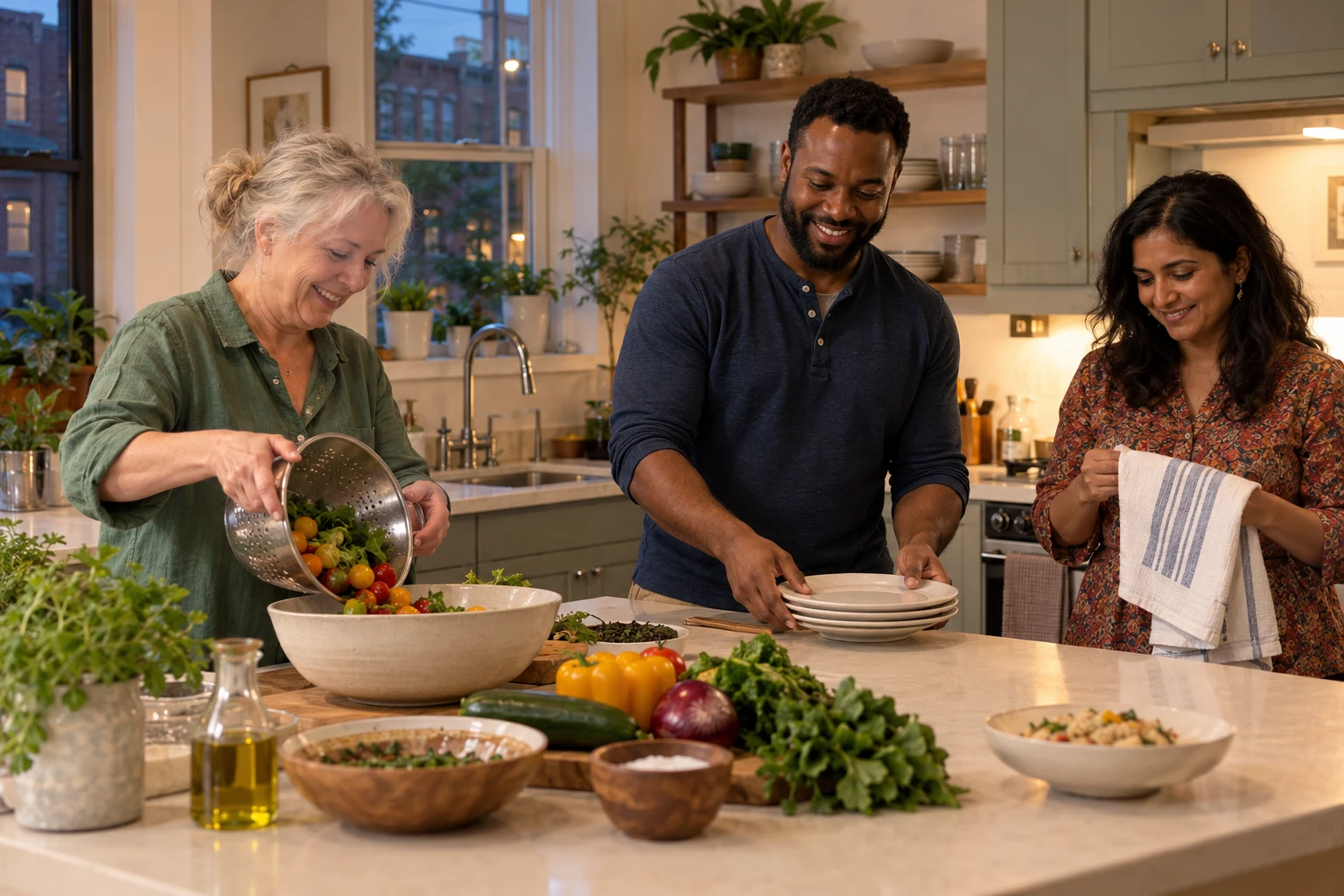 A meal gives people something to do together Three adults prepare a meal together, pouring vegetables into a bowl, holding plates and folding a towel.